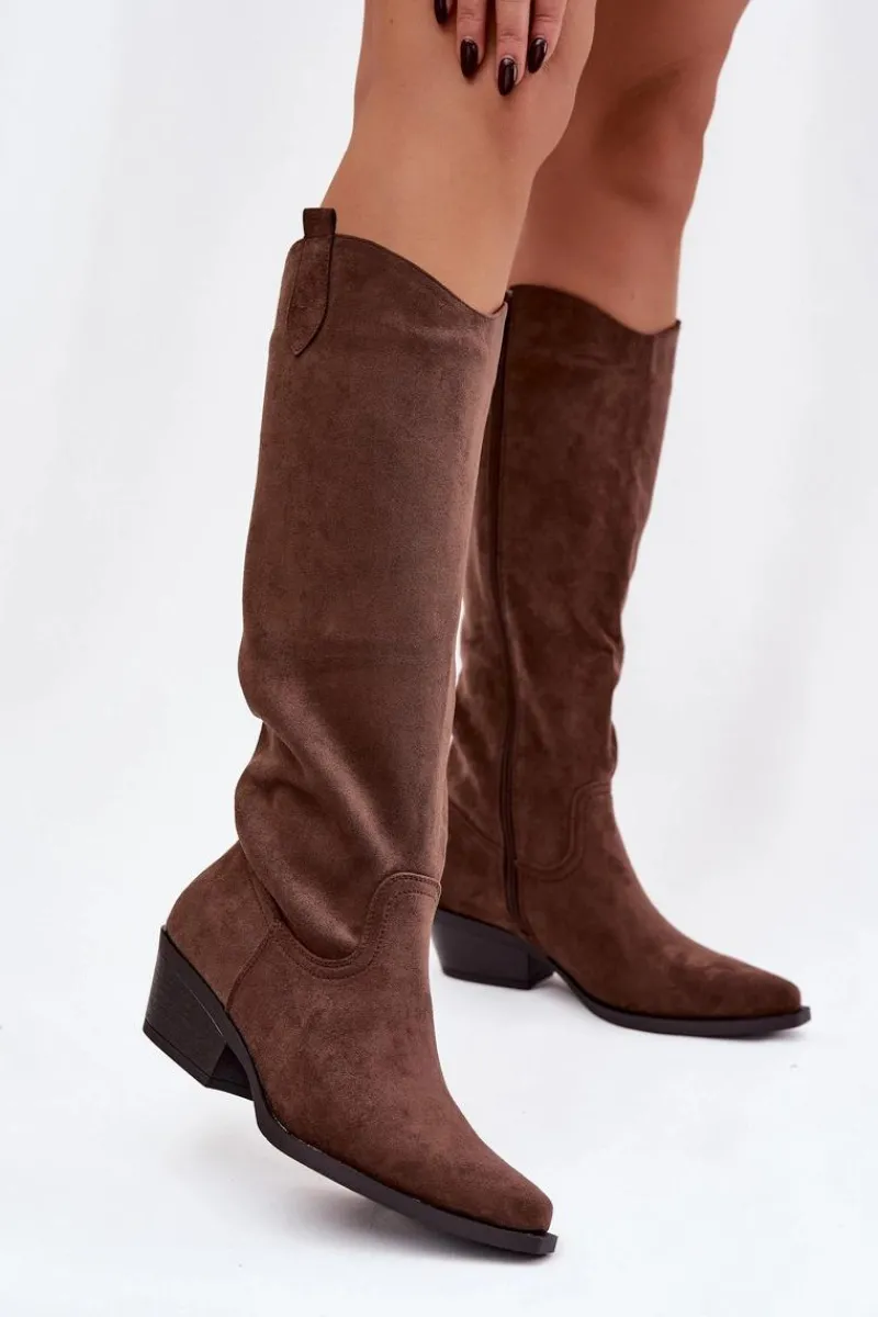 Kozaki Na Słupku|Kozaki Przed Kolano>Boto Kozaki Kowbojki Damskie Na Obcasie Z Eko Zamszu Brązowe Esmira Brązowy