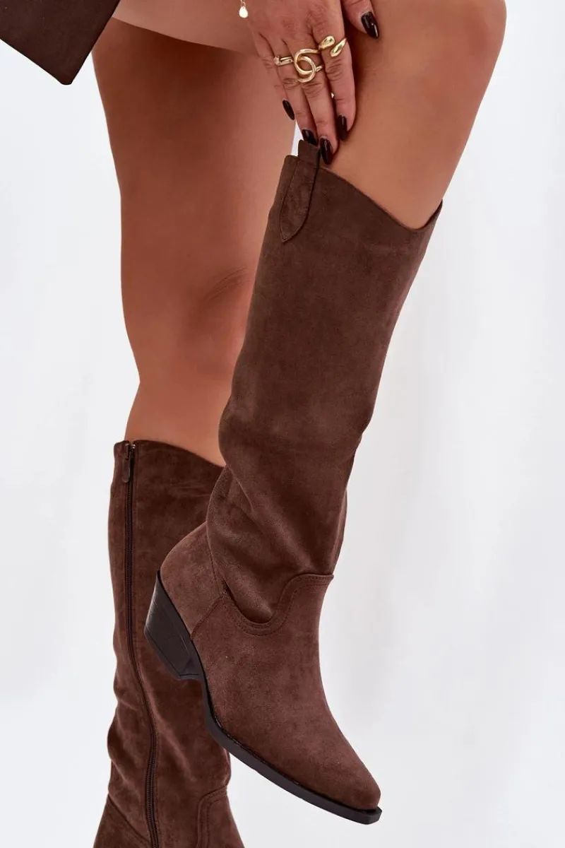 Kozaki Na Słupku|Kozaki Przed Kolano>Boto Kozaki Kowbojki Damskie Na Obcasie Z Eko Zamszu Brązowe Esmira Brązowy