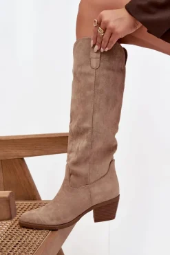 New Kozaki Kowbojki Damskie Na Obcasie Z Eko Zamszu Beżowe Esmira Damskie Kozaki Na Słupku|Kozaki Przed Kolano