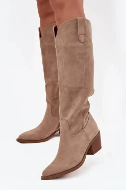 New Kozaki Kowbojki Damskie Na Obcasie Z Eko Zamszu Beżowe Esmira Damskie Kozaki Na Słupku|Kozaki Przed Kolano