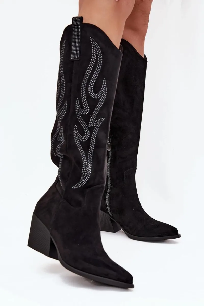 Kozaki Ocieplane|Kozaki Na Słupku>Boto Kozaki Kowbojki Damskie Ze Zdobieniem Na Słupku Czarne Jovina Czarny