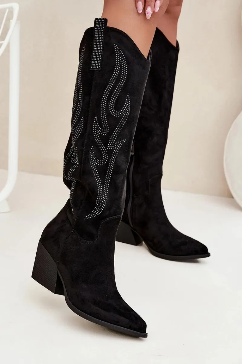 Kozaki Ocieplane|Kozaki Na Słupku>Boto Kozaki Kowbojki Damskie Ze Zdobieniem Na Słupku Czarne Jovina Czarny