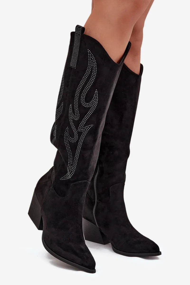 Kozaki Ocieplane|Kozaki Na Słupku>Boto Kozaki Kowbojki Damskie Ze Zdobieniem Na Słupku Czarne Jovina Czarny