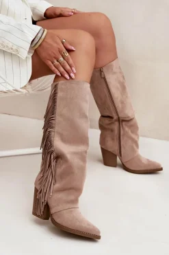 Online Kozaki Kowbojki Damskie Z Frędzlami Na Słupku Beżowe Tivara Damskie Kozaki Ocieplane|Kozaki Na Słupku