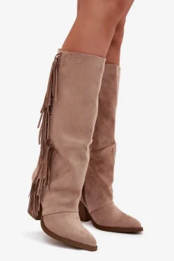 Online Kozaki Kowbojki Damskie Z Frędzlami Na Słupku Beżowe Tivara Damskie Kozaki Ocieplane|Kozaki Na Słupku