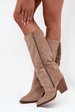 Online Kozaki Kowbojki Damskie Z Frędzlami Na Słupku Beżowe Tivara Damskie Kozaki Ocieplane|Kozaki Na Słupku