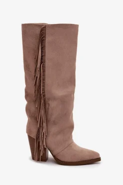 Online Kozaki Kowbojki Damskie Z Frędzlami Na Słupku Beżowe Tivara Damskie Kozaki Ocieplane|Kozaki Na Słupku