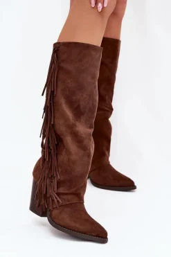 Outlet Boto Kozaki Kowbojki Damskie Z Frędzlami Na Słupku Brązowe Tivara