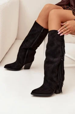 Kozaki Ocieplane|Kozaki Na Słupku>Boto Kozaki Kowbojki Damskie Z Frędzlami Na Słupku Czarne Tivara Czarny