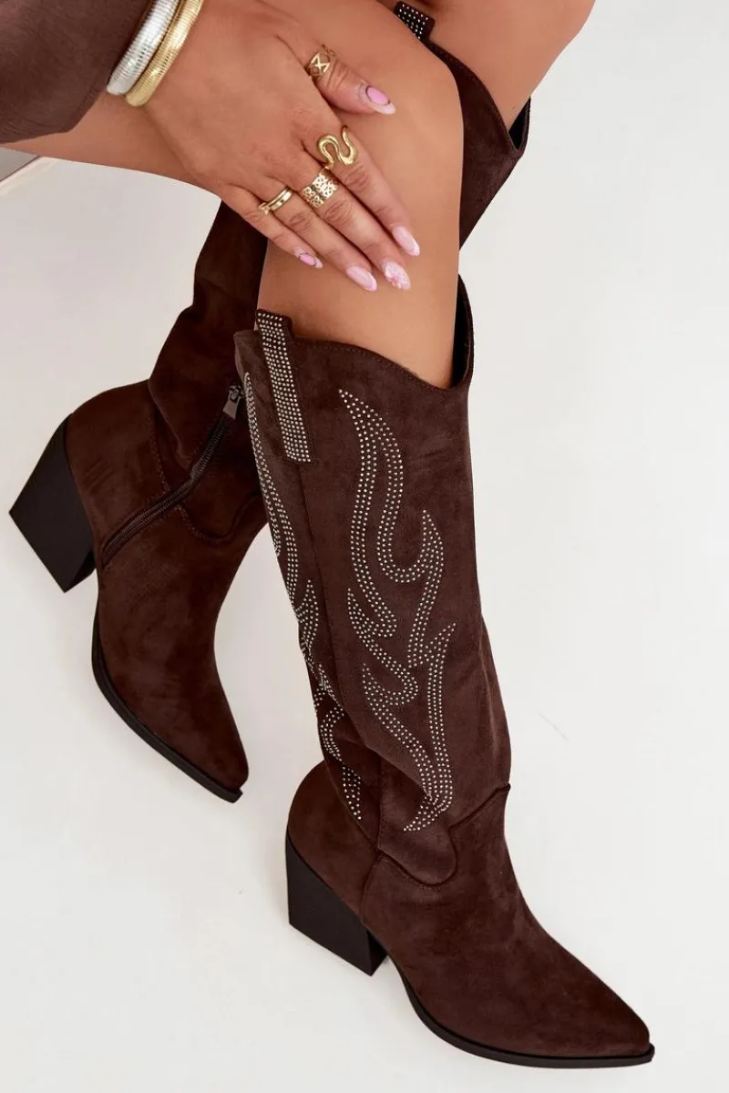 Hot Boto Kozaki Kowbojki Damskie Ze Zdobieniem Na Słupku Czekoladowe Jovina Brązowy