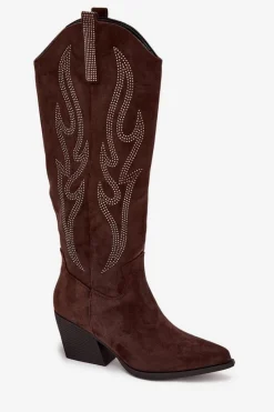 Hot Boto Kozaki Kowbojki Damskie Ze Zdobieniem Na Słupku Czekoladowe Jovina Brązowy