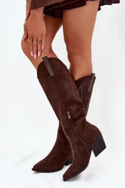 Hot Boto Kozaki Kowbojki Damskie Ze Zdobieniem Na Słupku Czekoladowe Jovina Brązowy