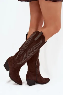 Hot Boto Kozaki Kowbojki Damskie Ze Zdobieniem Na Słupku Czekoladowe Jovina Brązowy