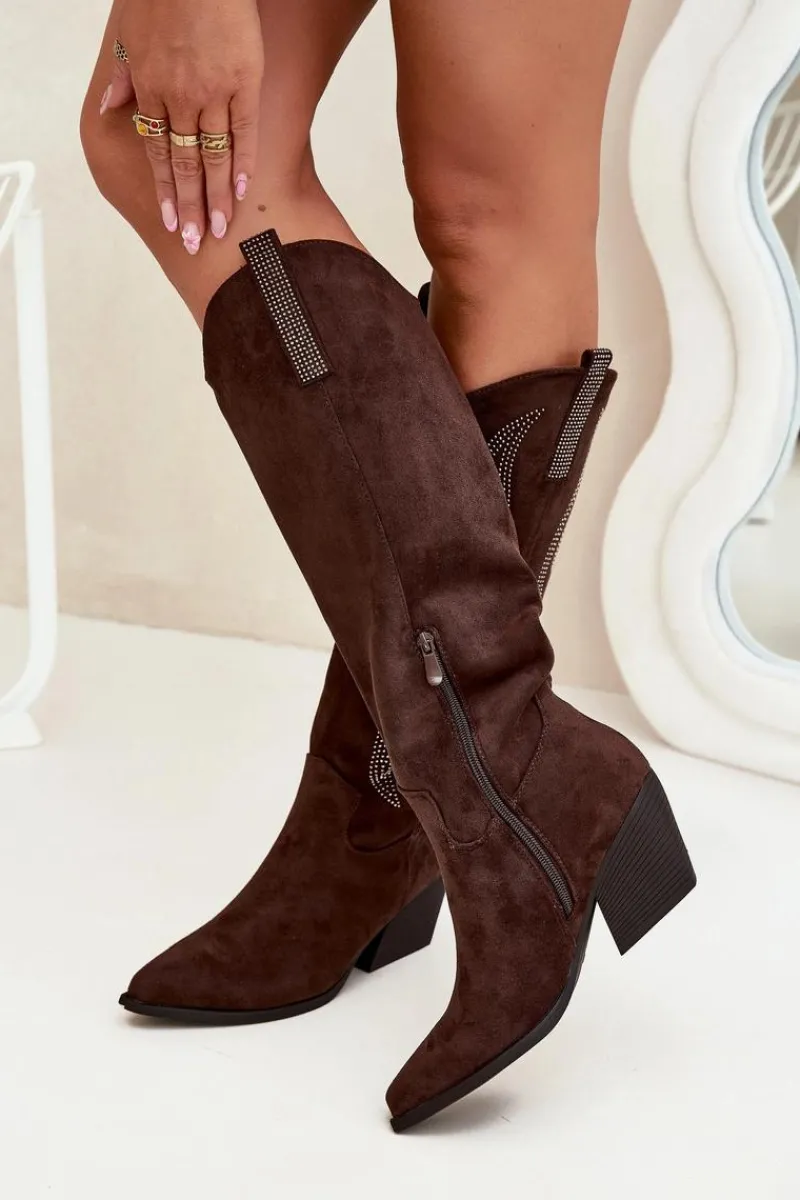 Hot Boto Kozaki Kowbojki Damskie Ze Zdobieniem Na Słupku Czekoladowe Jovina Brązowy