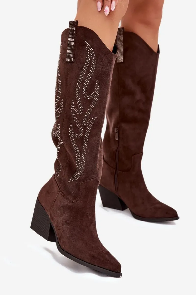 Hot Boto Kozaki Kowbojki Damskie Ze Zdobieniem Na Słupku Czekoladowe Jovina Brązowy