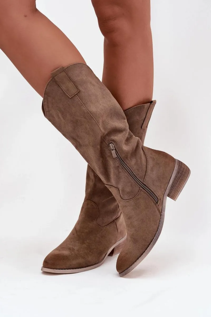 Boto Kozaki Kowbojki Na Niskim Obcasie Z Eko Zamszu Ciemnobeżowe Cherrie Beżowy