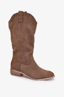 Boto Kozaki Kowbojki Na Niskim Obcasie Z Eko Zamszu Ciemnobeżowe Cherrie Beżowy