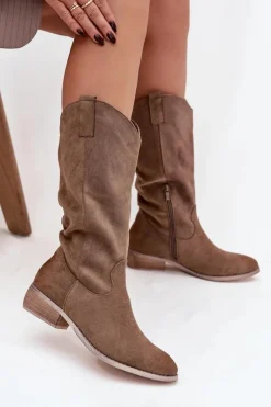 Boto Kozaki Kowbojki Na Niskim Obcasie Z Eko Zamszu Ciemnobeżowe Cherrie Beżowy