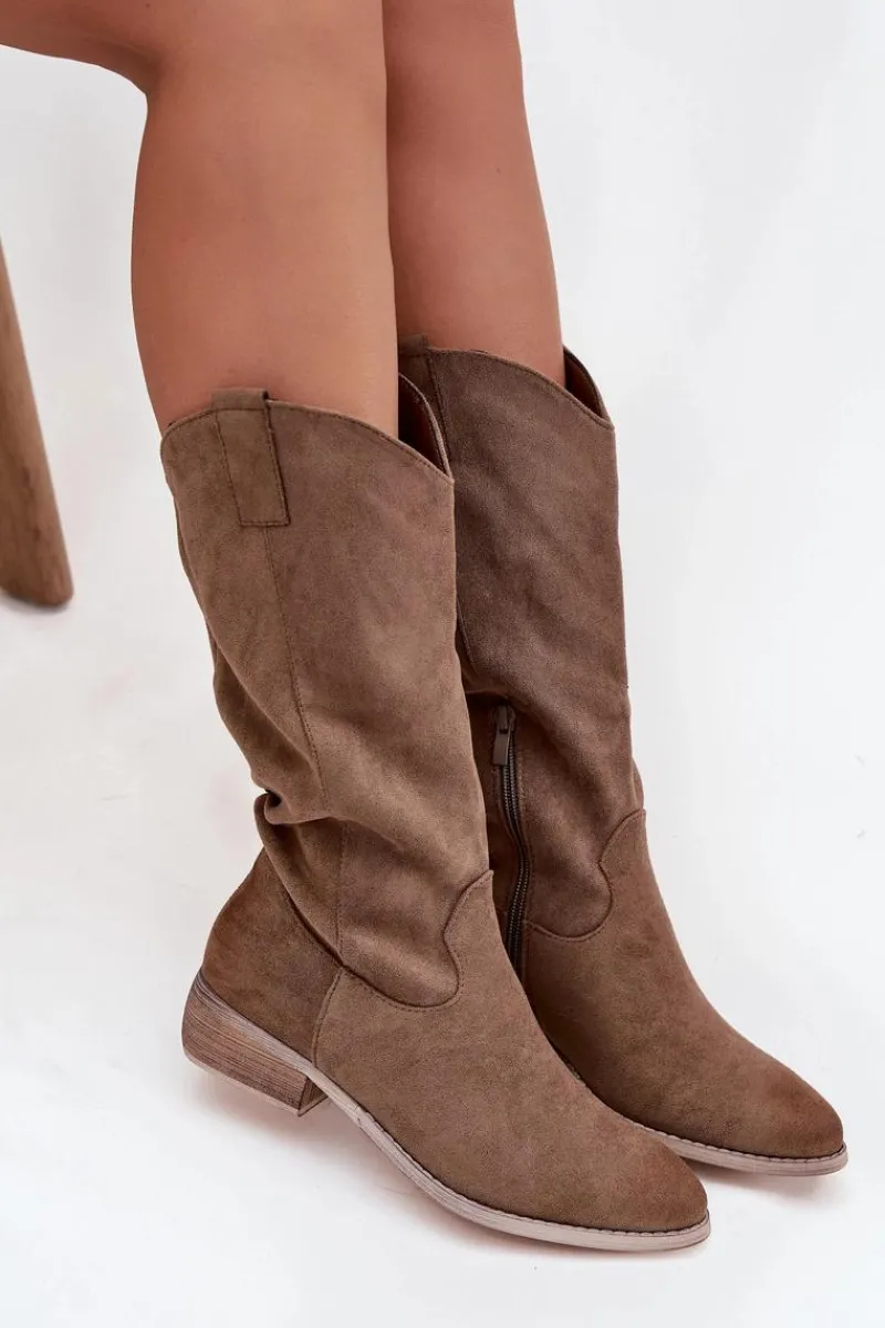 Boto Kozaki Kowbojki Na Niskim Obcasie Z Eko Zamszu Ciemnobeżowe Cherrie Beżowy