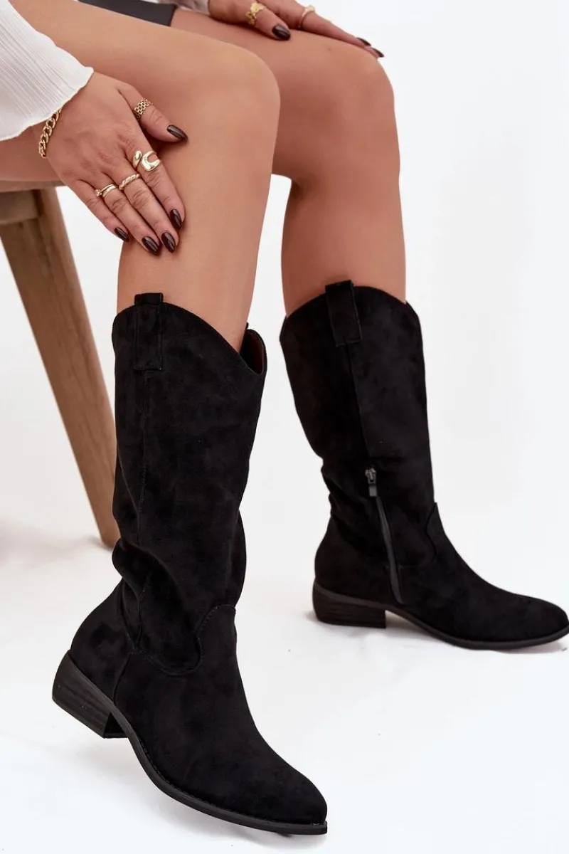 Hot Kozaki Kowbojki Na Niskim Obcasie Z Eko Zamszu Czarne Cherrie Damskie Kozaki Przed Kolano|Kozaki Na Obcasie