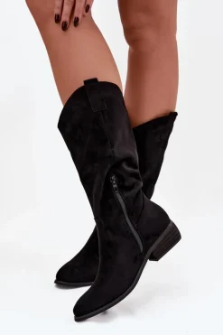 Hot Kozaki Kowbojki Na Niskim Obcasie Z Eko Zamszu Czarne Cherrie Damskie Kozaki Przed Kolano|Kozaki Na Obcasie