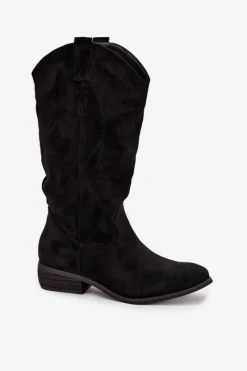 Hot Kozaki Kowbojki Na Niskim Obcasie Z Eko Zamszu Czarne Cherrie Damskie Kozaki Przed Kolano|Kozaki Na Obcasie