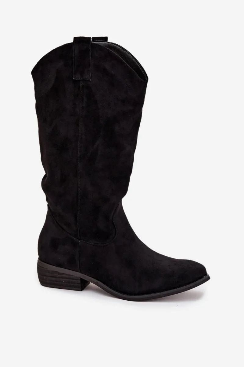 Hot Kozaki Kowbojki Na Niskim Obcasie Z Eko Zamszu Czarne Cherrie Damskie Kozaki Przed Kolano|Kozaki Na Obcasie