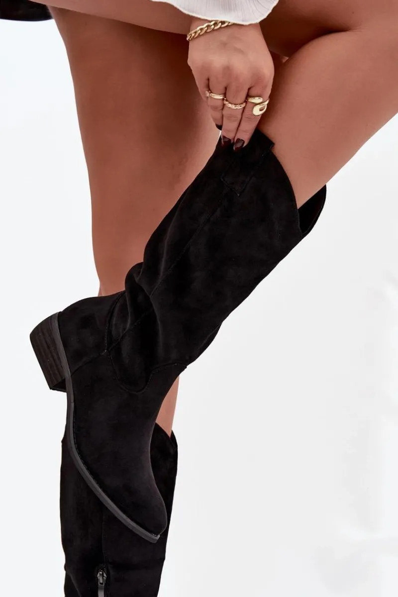 Hot Kozaki Kowbojki Na Niskim Obcasie Z Eko Zamszu Czarne Cherrie Damskie Kozaki Przed Kolano|Kozaki Na Obcasie