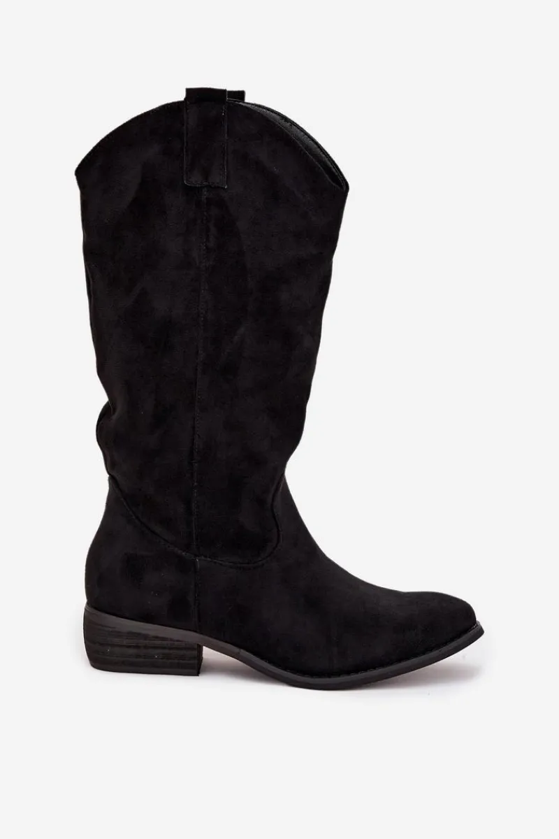 Hot Kozaki Kowbojki Na Niskim Obcasie Z Eko Zamszu Czarne Cherrie Damskie Kozaki Przed Kolano|Kozaki Na Obcasie