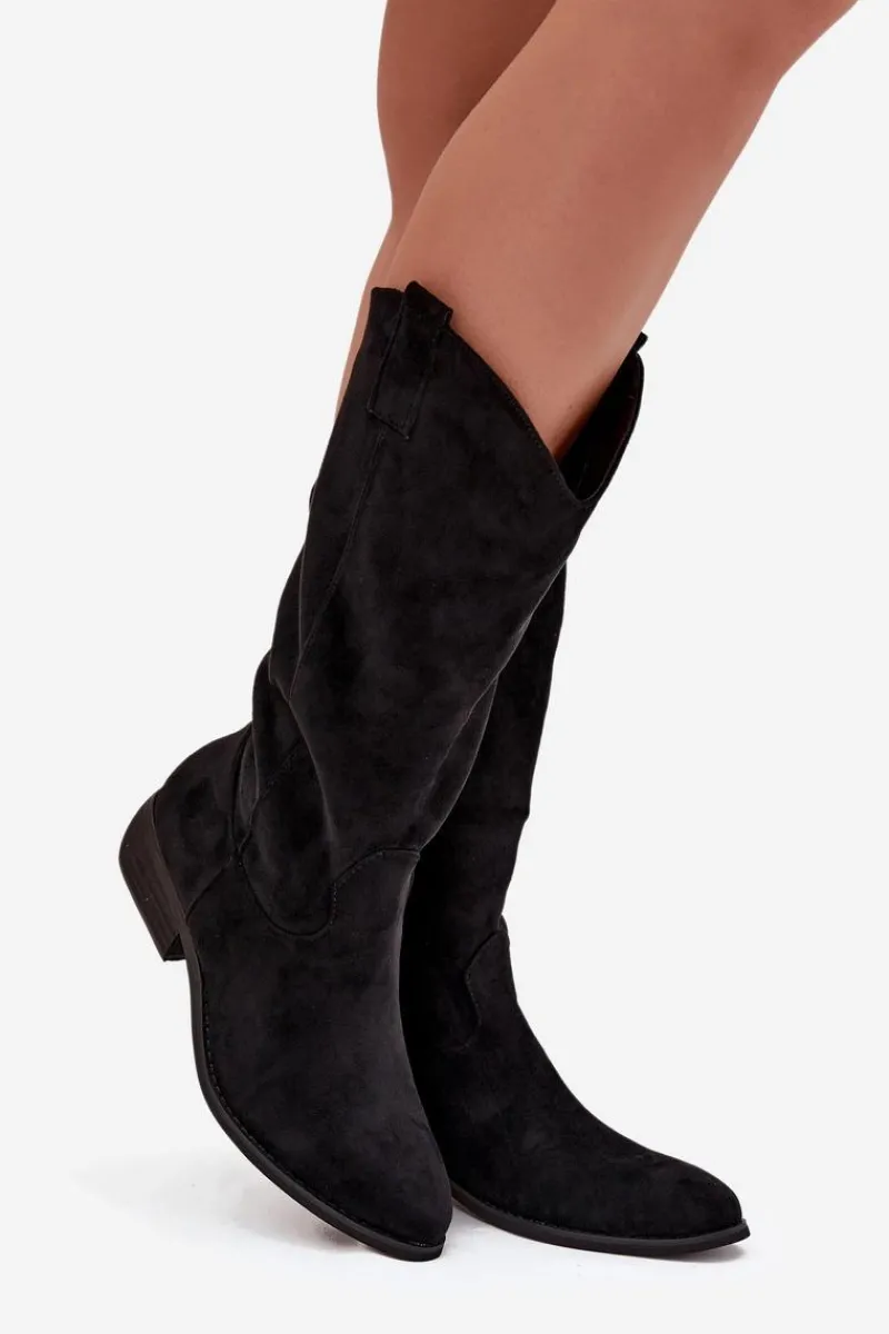 Hot Kozaki Kowbojki Na Niskim Obcasie Z Eko Zamszu Czarne Cherrie Damskie Kozaki Przed Kolano|Kozaki Na Obcasie