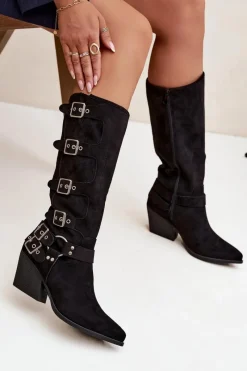 Hot Boto Kozaki Kowbojki Na Słupku Z Klamrami Czarne Fivelle Czarny