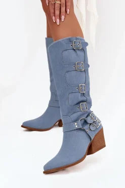 Kozaki Na Słupku|Kozaki Przed Kolano>Boto Kozaki Kowbojki Na Słupku Z Klamrami Jeansowe Fivelle Niebieski