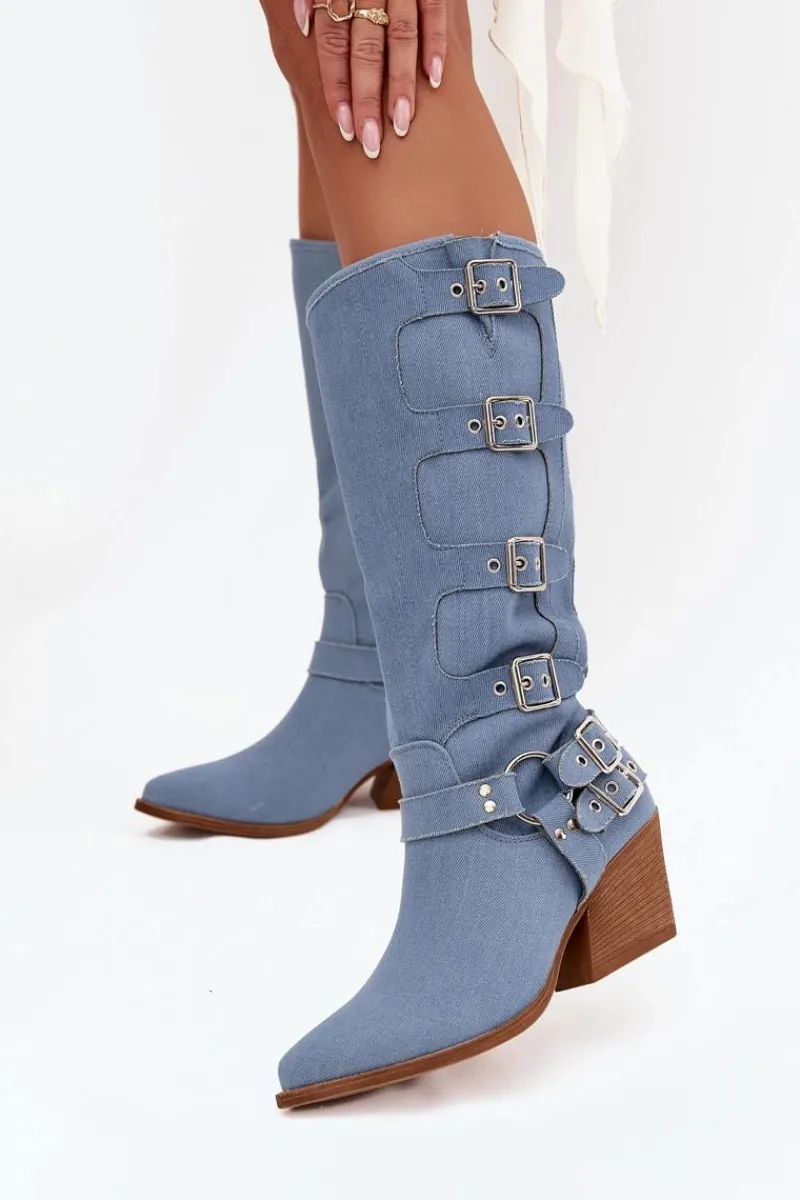 Kozaki Na Słupku|Kozaki Przed Kolano>Boto Kozaki Kowbojki Na Słupku Z Klamrami Jeansowe Fivelle Niebieski