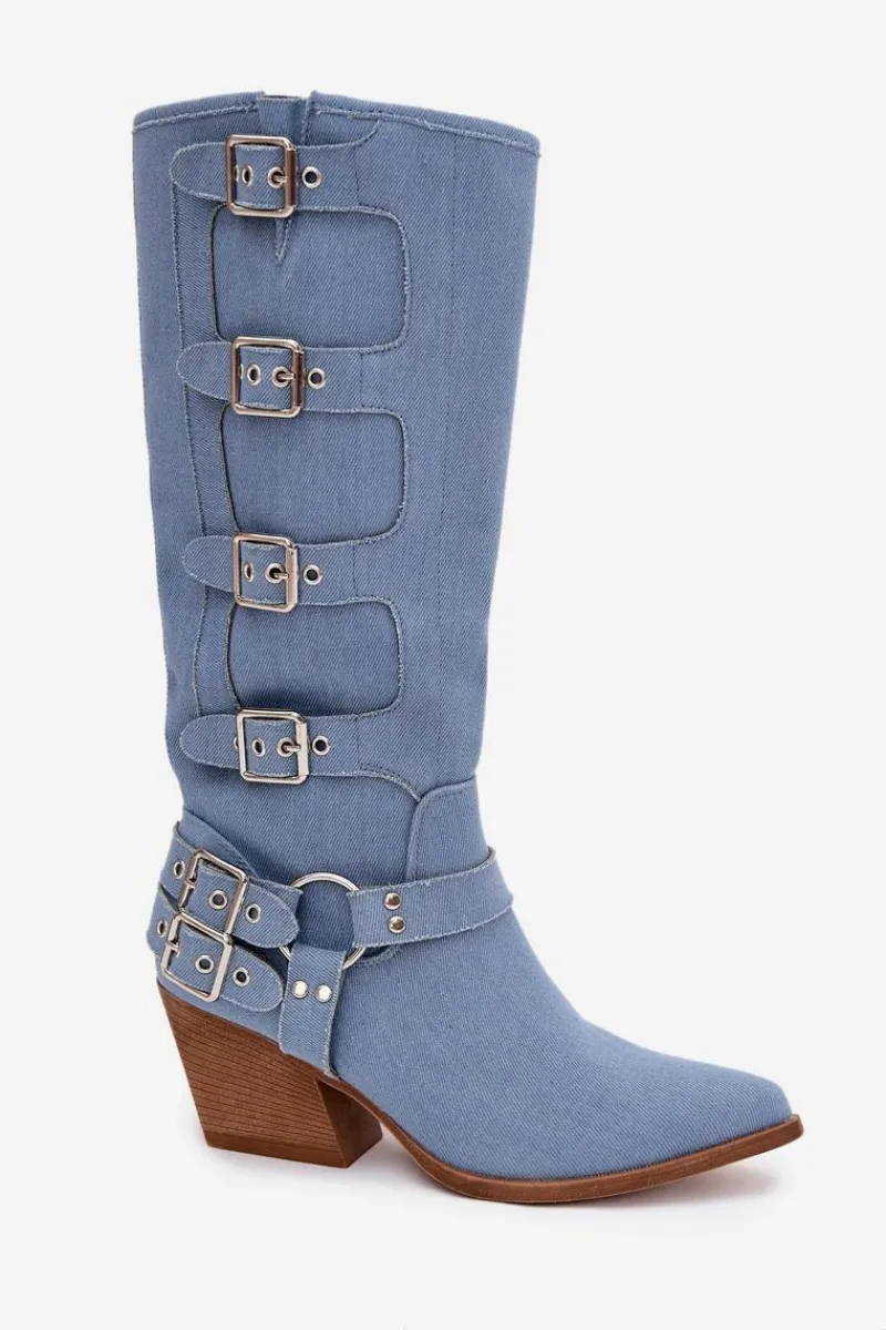 Kozaki Na Słupku|Kozaki Przed Kolano>Boto Kozaki Kowbojki Na Słupku Z Klamrami Jeansowe Fivelle Niebieski