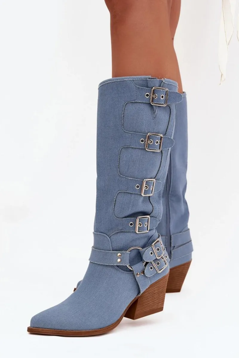 Kozaki Na Słupku|Kozaki Przed Kolano>Boto Kozaki Kowbojki Na Słupku Z Klamrami Jeansowe Fivelle Niebieski