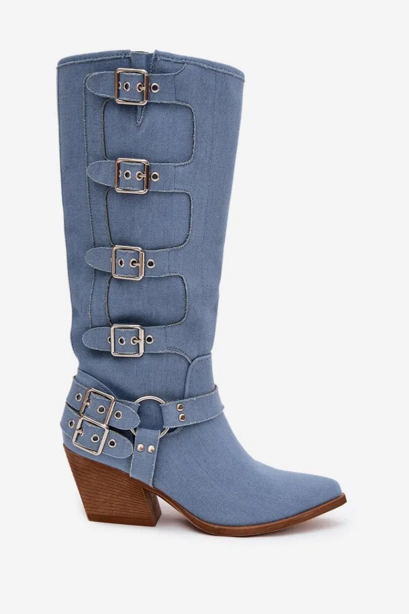 Kozaki Na Słupku|Kozaki Przed Kolano>Boto Kozaki Kowbojki Na Słupku Z Klamrami Jeansowe Fivelle Niebieski
