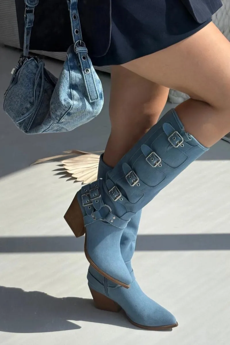 Kozaki Na Słupku|Kozaki Przed Kolano>Boto Kozaki Kowbojki Na Słupku Z Klamrami Jeansowe Fivelle Niebieski