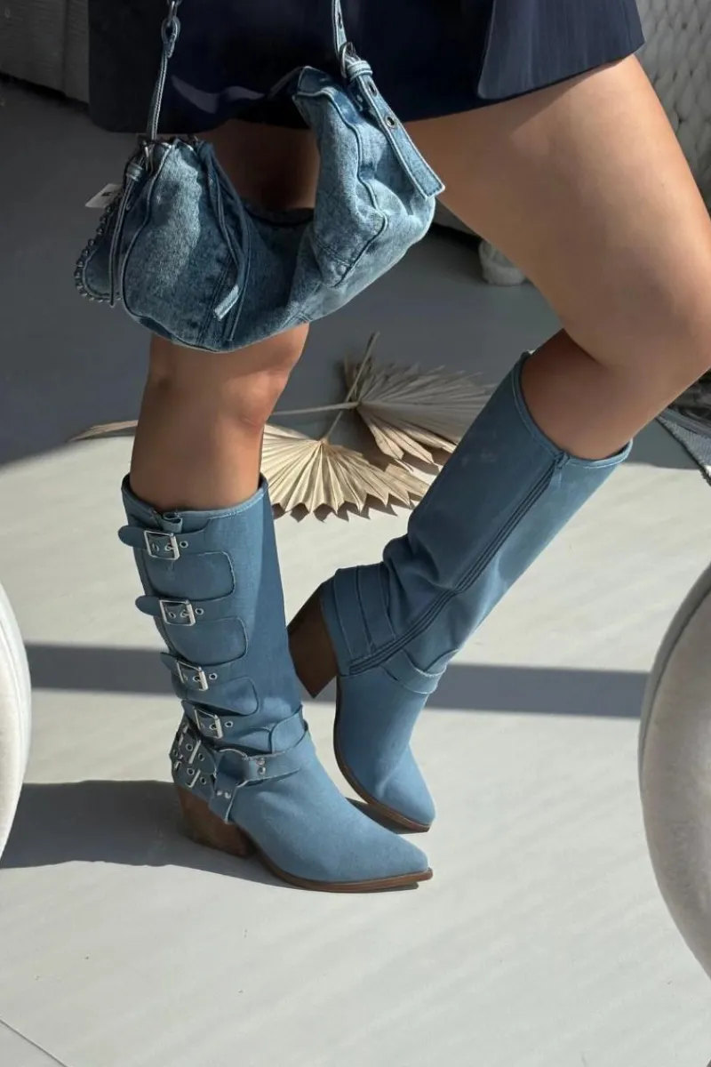 Kozaki Na Słupku|Kozaki Przed Kolano>Boto Kozaki Kowbojki Na Słupku Z Klamrami Jeansowe Fivelle Niebieski