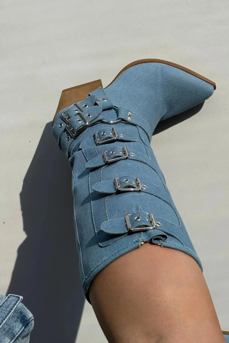 Kozaki Na Słupku|Kozaki Przed Kolano>Boto Kozaki Kowbojki Na Słupku Z Klamrami Jeansowe Fivelle Niebieski