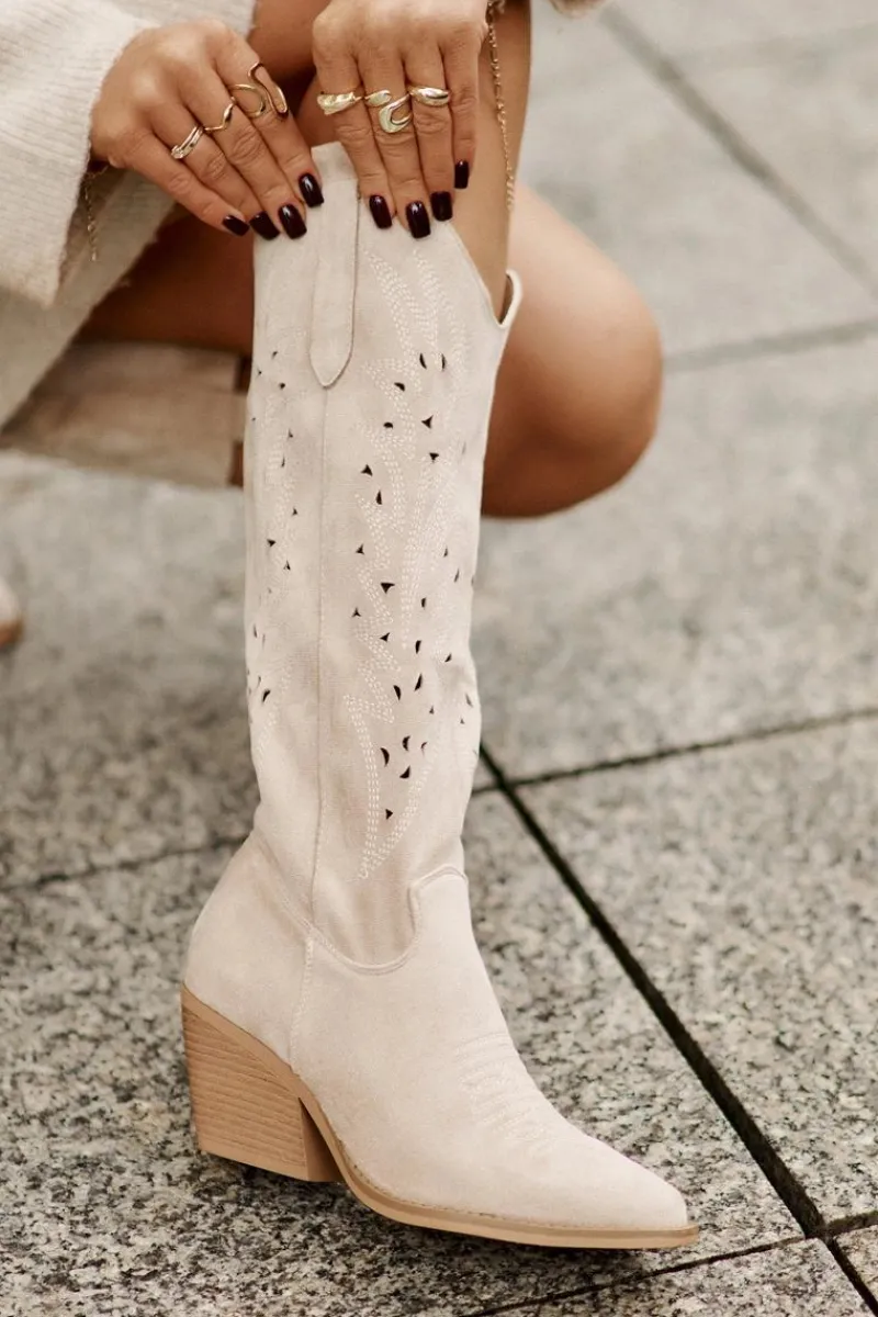 Kozaki Ażurowe|Kozaki Przed Kolano>Boto Kozaki Kowbojki Na Słupku Z Ażurowym Wzorem Przed Kolano Jasnobeżowe Innathoria