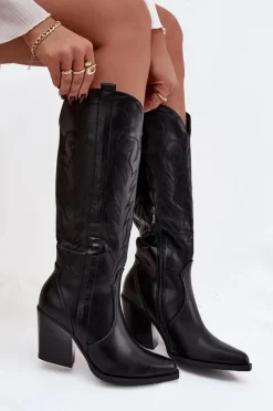 Hot Boto Kozaki Kowbojki Na Słupku Eko Skórzane Ocieplane Czarne Zareen