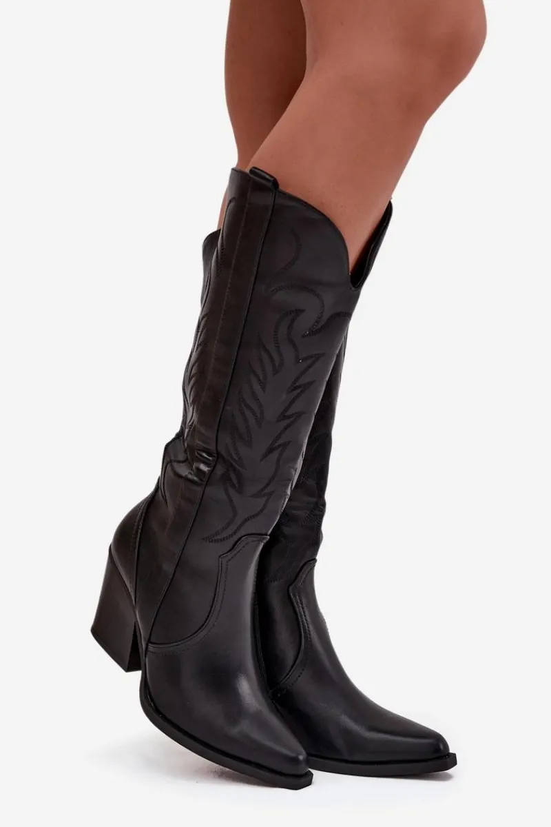 Hot Boto Kozaki Kowbojki Na Słupku Eko Skórzane Ocieplane Czarne Zareen