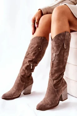 Kozaki Na Obcasie|Kozaki Zamszowe>Boto Kozaki Kowbojki Na Suwak Cappucino Merlot