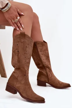 Hot Boto Kozaki Kowbojki Z Ażurowym Wzorem Na Niskim Obcasie Khaki Selirae