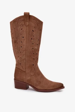 Hot Boto Kozaki Kowbojki Z Ażurowym Wzorem Na Niskim Obcasie Khaki Selirae