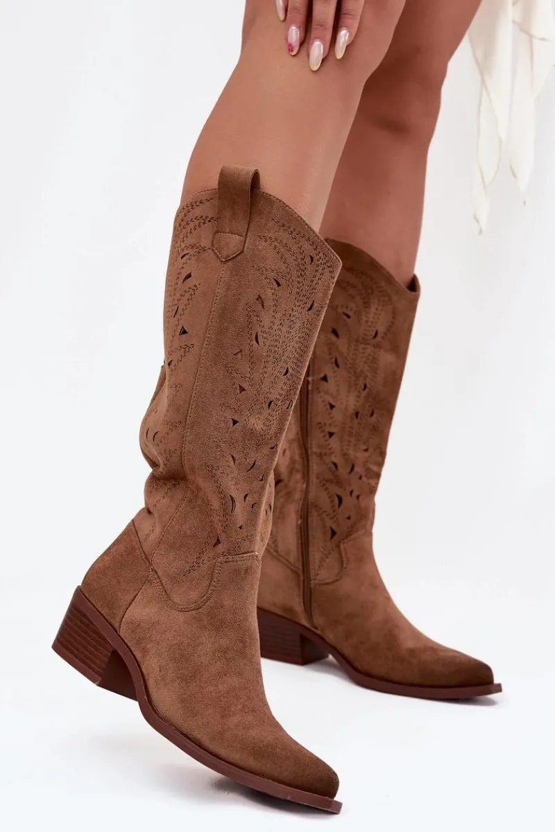 Hot Boto Kozaki Kowbojki Z Ażurowym Wzorem Na Niskim Obcasie Khaki Selirae