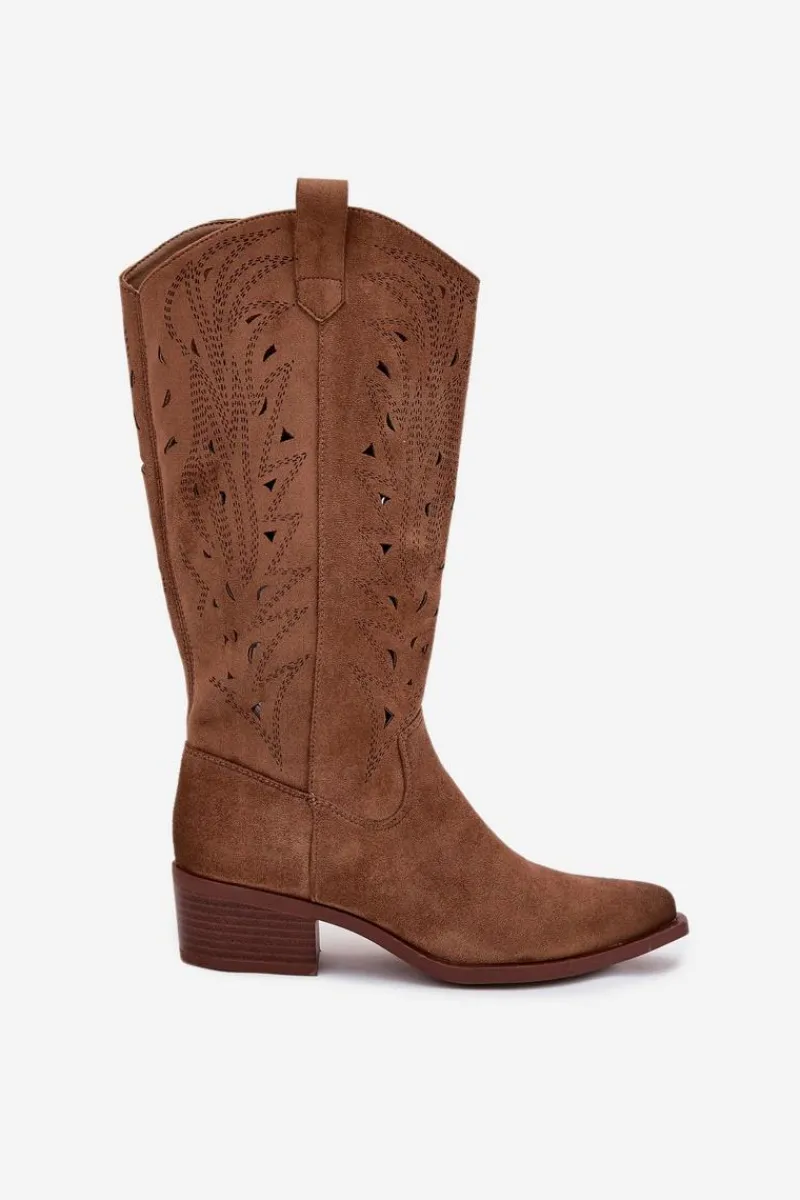 Hot Boto Kozaki Kowbojki Z Ażurowym Wzorem Na Niskim Obcasie Khaki Selirae