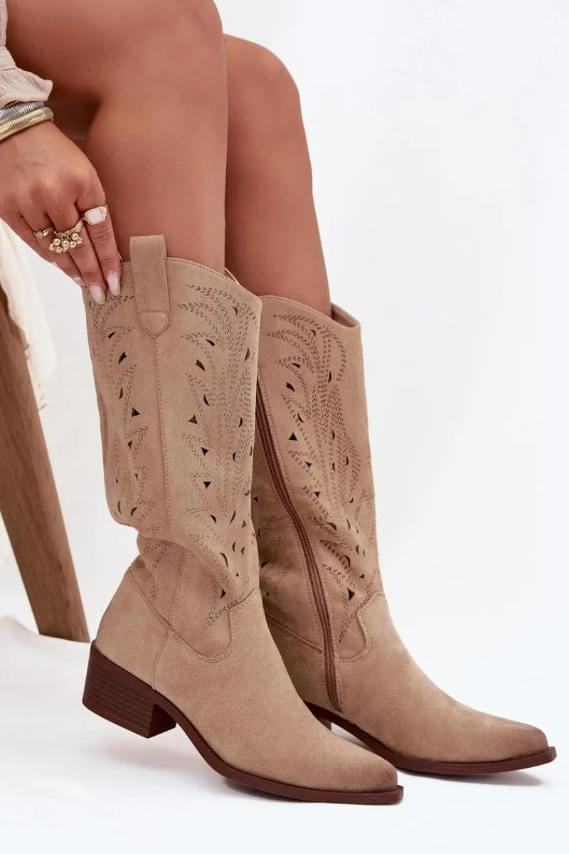 Discount Kozaki Kowbojki Z Ażurowym Wzorem Na Niskim Obcasie Beżowe Selirae Damskie Kozaki Ocieplane|Kozaki Ażurowe