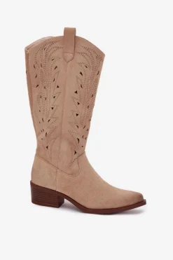 Discount Kozaki Kowbojki Z Ażurowym Wzorem Na Niskim Obcasie Beżowe Selirae Damskie Kozaki Ocieplane|Kozaki Ażurowe