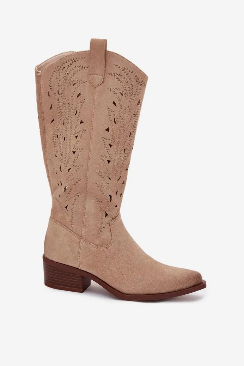 Discount Kozaki Kowbojki Z Ażurowym Wzorem Na Niskim Obcasie Beżowe Selirae Damskie Kozaki Ocieplane|Kozaki Ażurowe